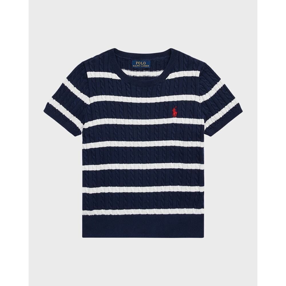 Polo Ralph Lauren Girls Navy and White Striped Cotton‎ Short Sleeve Sweater M